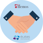 illustration avec une poignée de mains, décrivant le partenariat Eléas/Demos pour la formation inter entreprise
