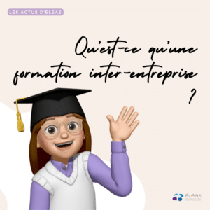 Dessin d'une jeune fille présentant les avantages d'une formation inter-entreprise, un service proposé par le Cabinet ELEAS