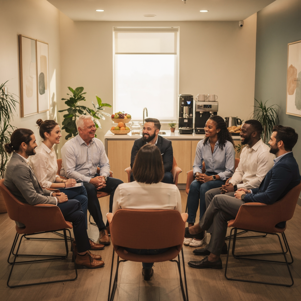 8 femmes et hommes sont assis sur une chaise, en cercle dans une salle de repos dans une entreprise. Ils sont souriants.