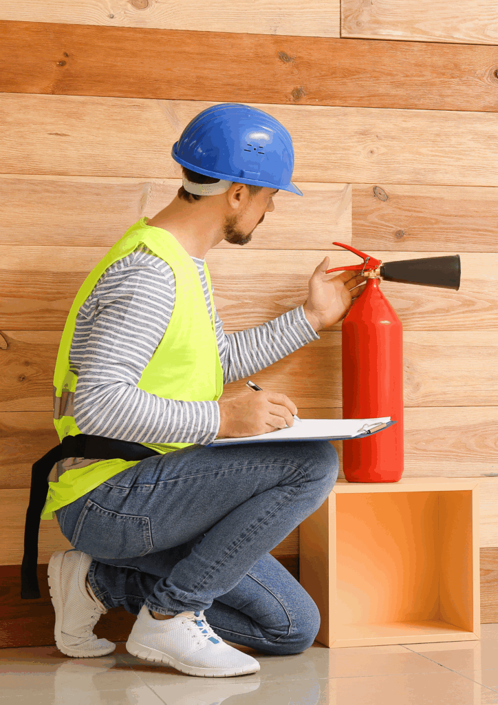 Homme accroupi avec un casque, un gilet jaune, un stylo et un calepin, inspectant un extincteur