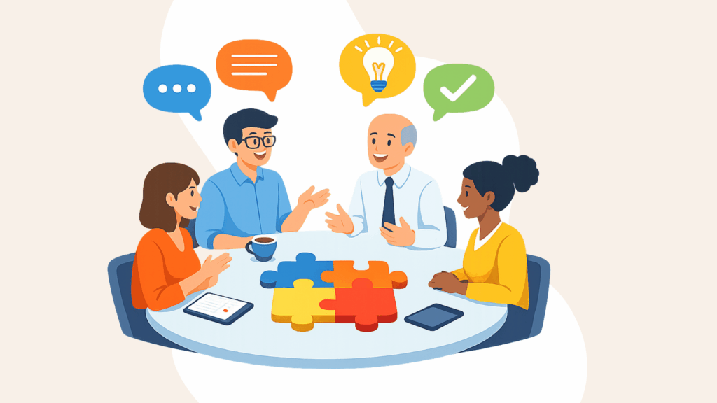 Dialogue social en entreprise - 4 personnes sont atablées eet discutent ensemble. Sur la table, il y a des pièces assemblées d'un puzzle.