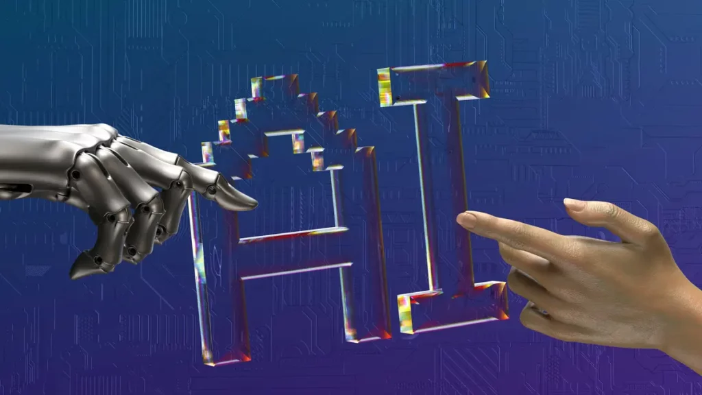 Doigt robot et humain représentant la connexion IA-humain en reprenant la peinture de Michel-Ange La création d'Adam
