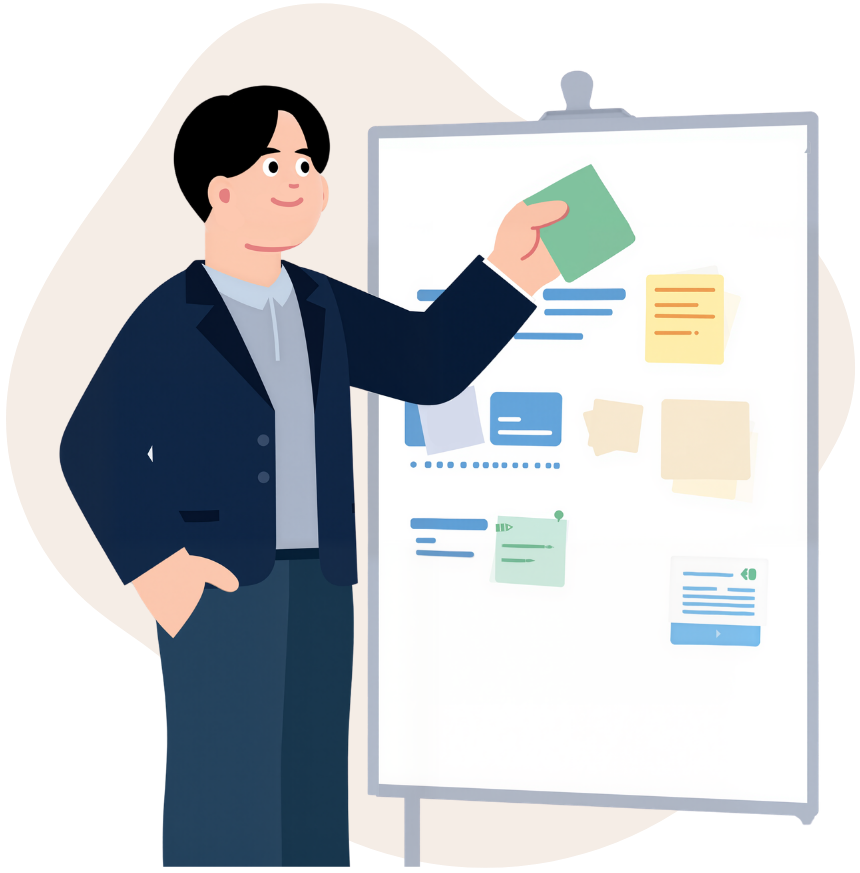 Image flat design - Homme debout colle un pot-it sur un tableau blanc