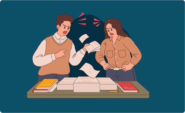 Flat Design - Une femme et un homme se disputent devant une table pleine de documents